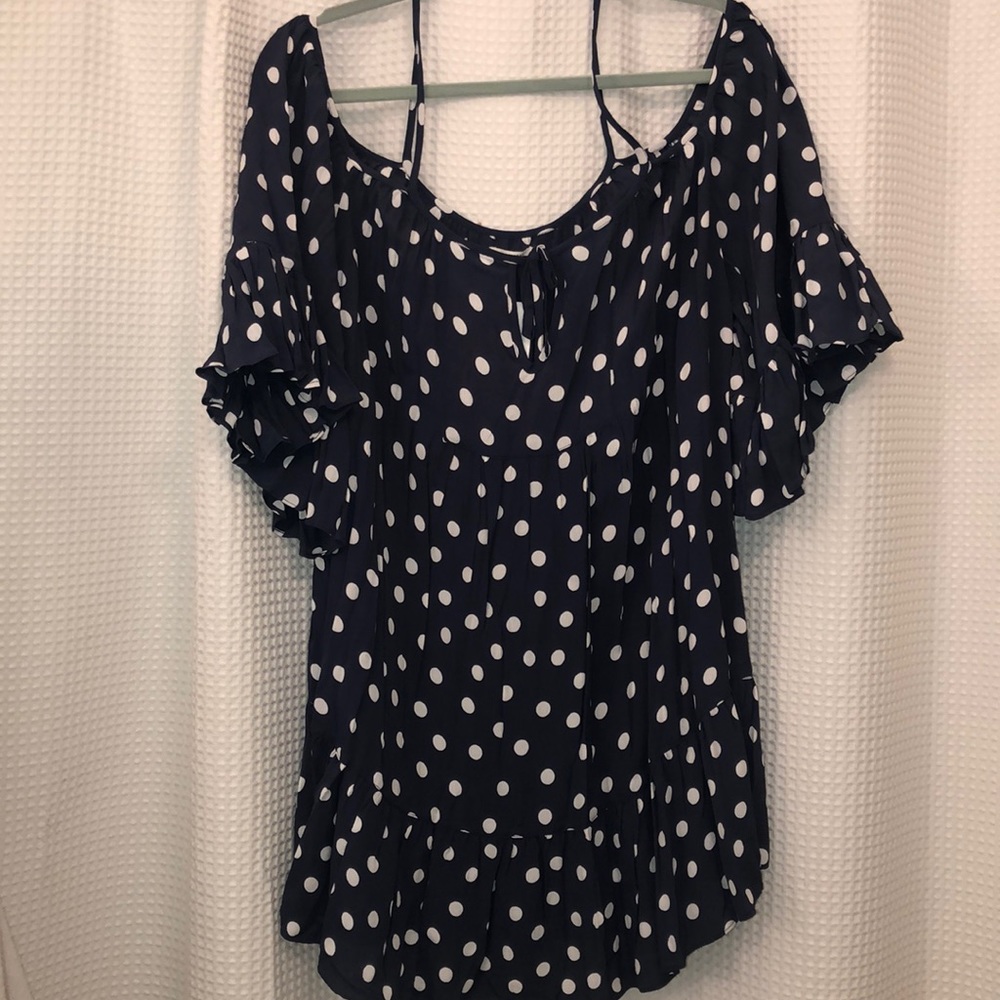 Blue and white polka dotted dress